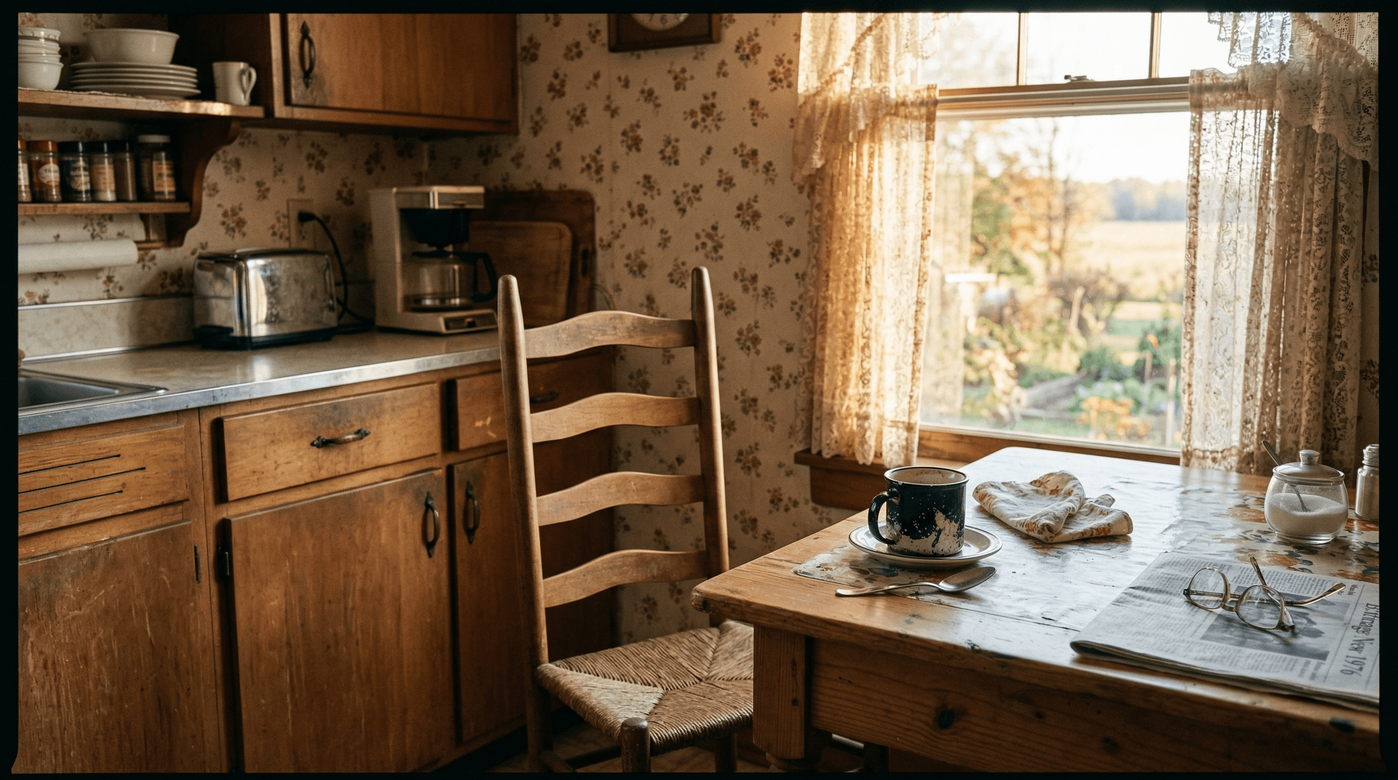 Farmhouse kitchen with coffee cup and empty chair in morning light — vintage Kodachrome