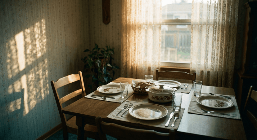 Empty family dining room with set table and afternoon light through curtains — vintage Kodachrome