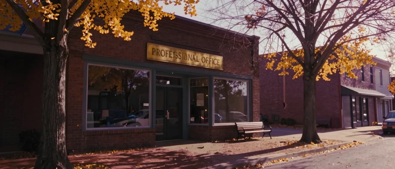 A brick storefront office with a brass plate and an empty bench in autumn