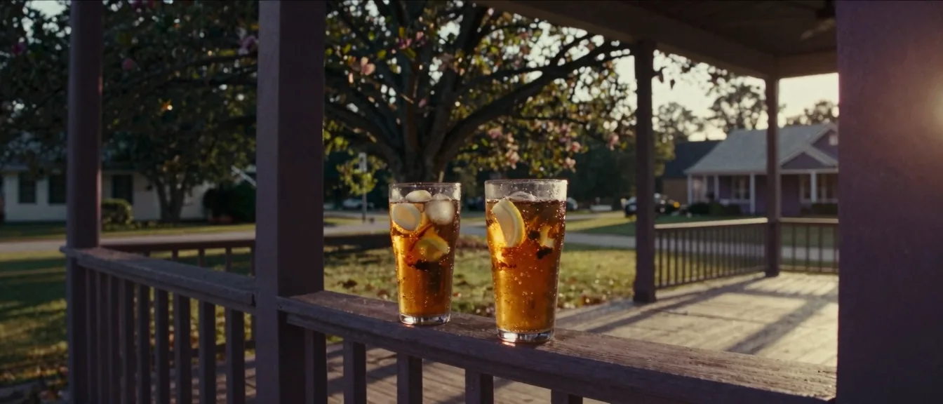 Two glasses of iced tea on a porch railing on a late summer afternoon