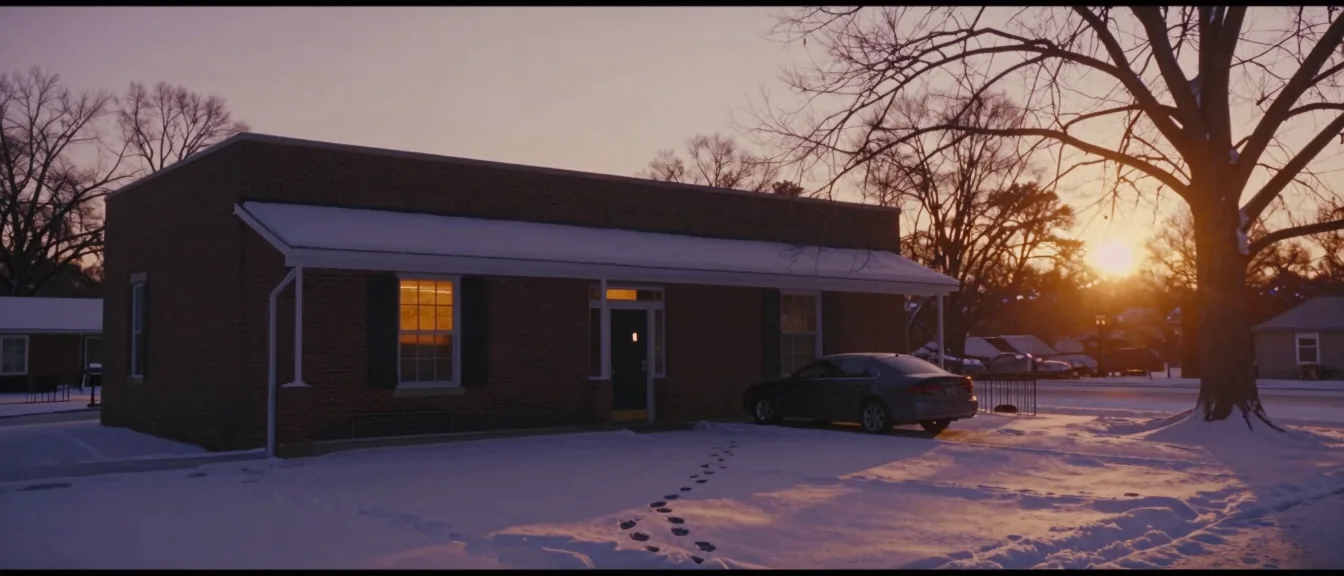 A two-story brick firm office under a light dusting of fresh snow