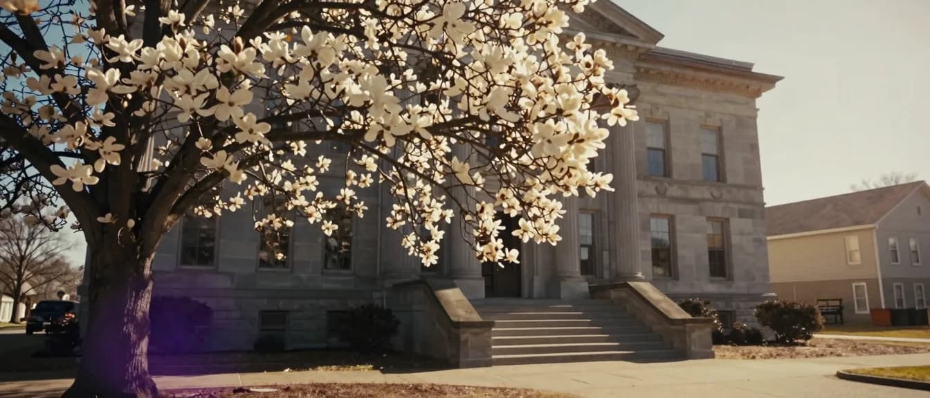 A county courthouse behind a magnolia in spring bloom, its front steps empty