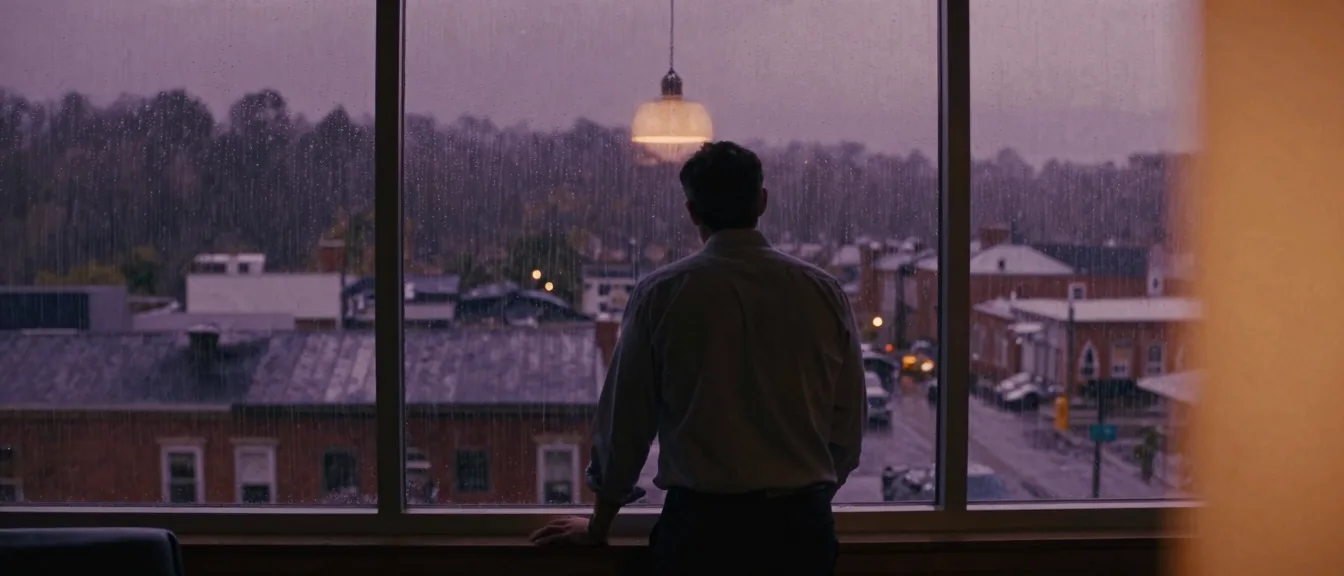 A tall office window over a small downtown during heavy rain