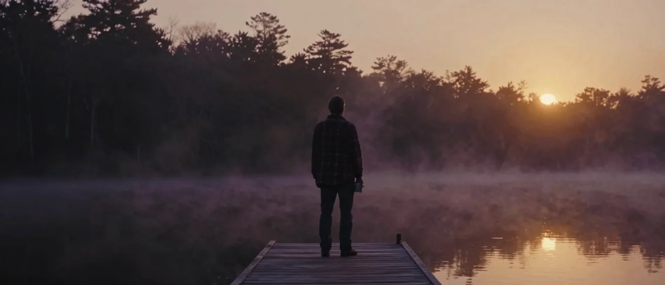 The end of a wooden dock on a still mountain lake at first light