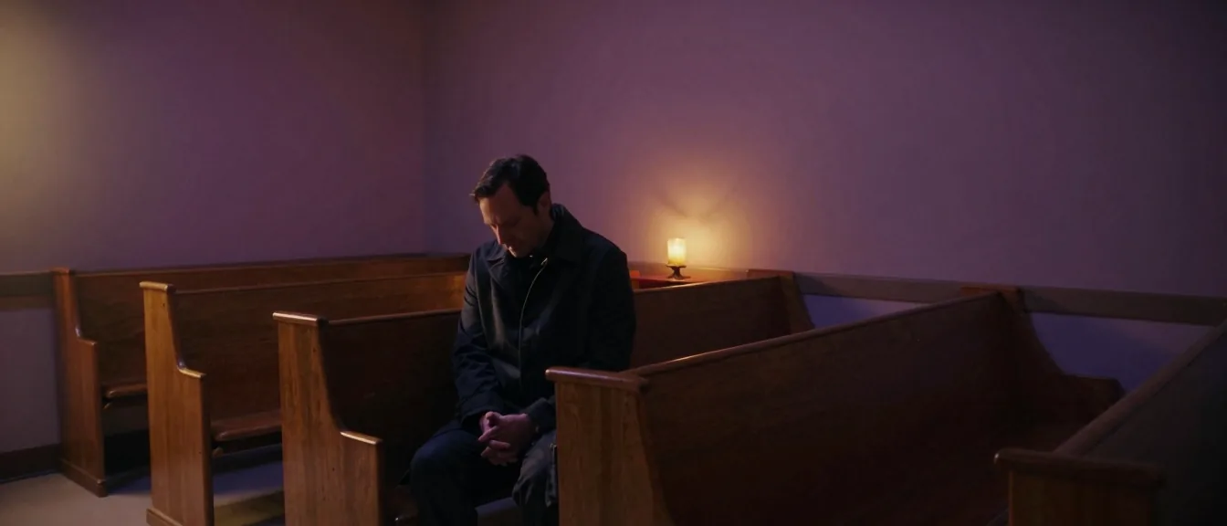 Empty wooden pews receding in a dim hospital chapel