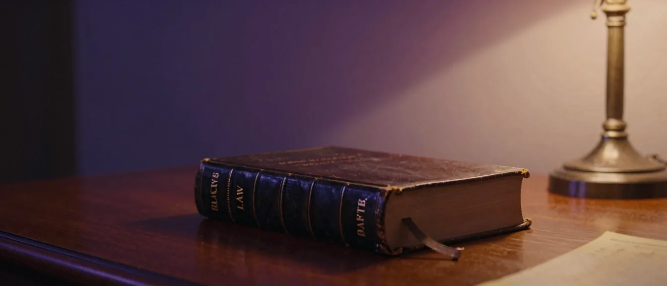A worn leather law dictionary lying closed on a library desk