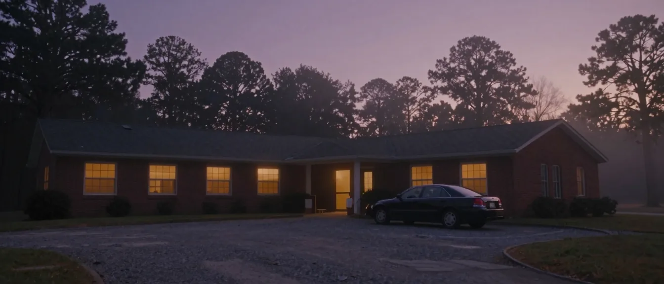 A small single-story brick hospice building at first light
