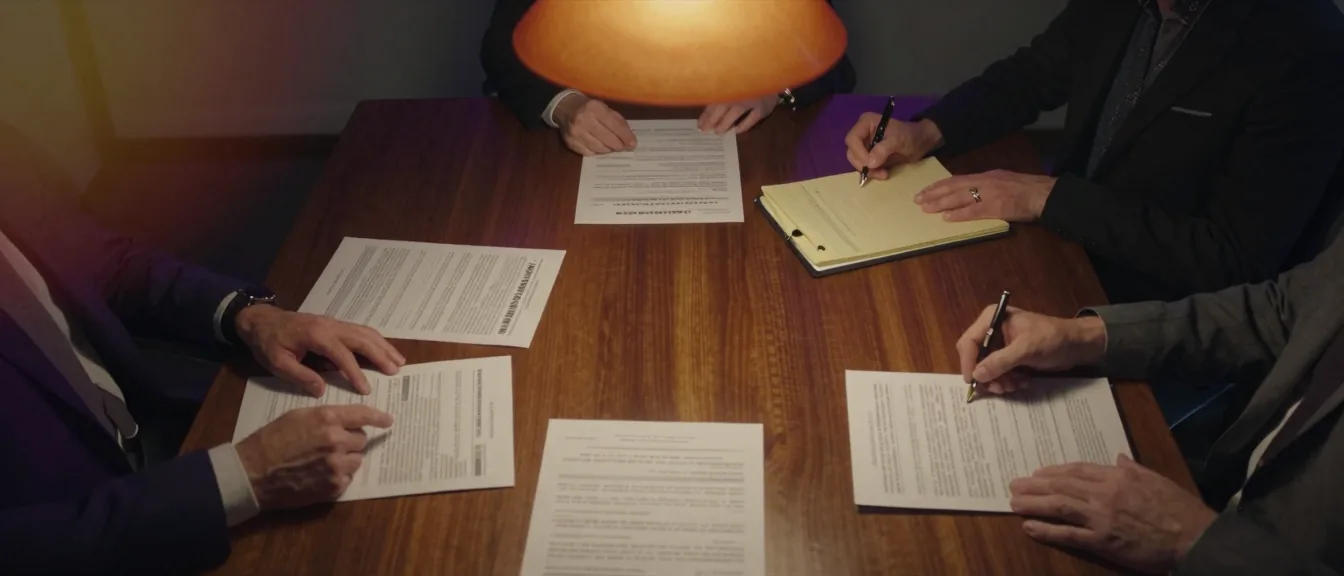 Hands and printed reports around a conference table, seen from above