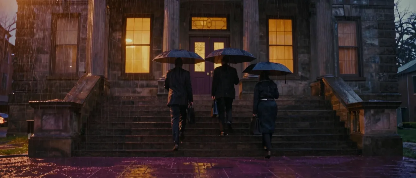 Umbrellas climbing the granite steps of a county courthouse in heavy rain