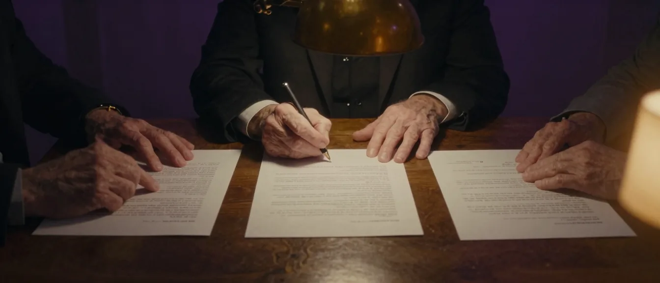 Hands resting on witnessed copies at a will signing