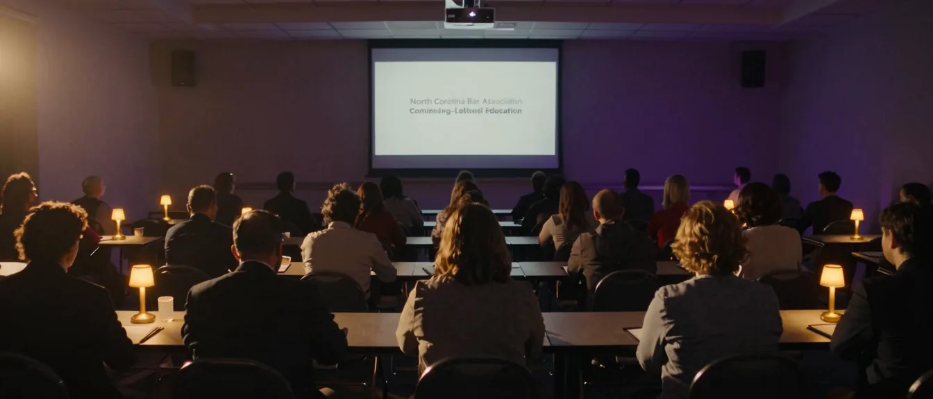 A continuing legal education seminar seen from the back of the room