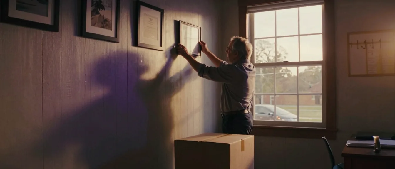 A framed certificate coming down from a wood-panelled office wall