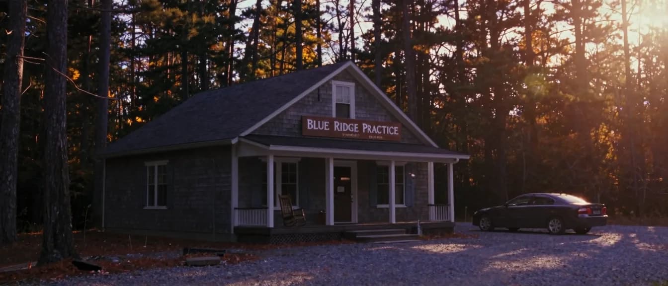 A wood-shingle mountain practice building tucked into deep pine forest
