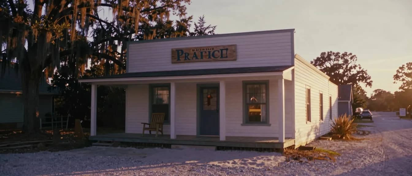 A weatherboard coastal-town professional office with an empty chair on the porch