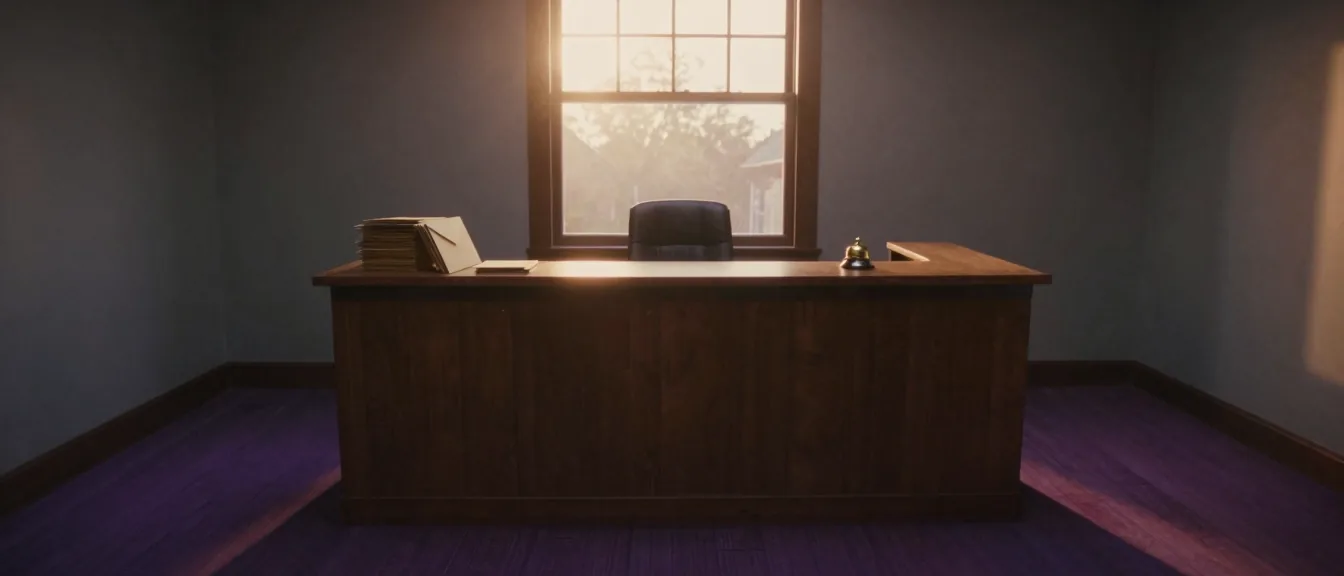 A firm's reception counter at dawn, the chair behind it empty