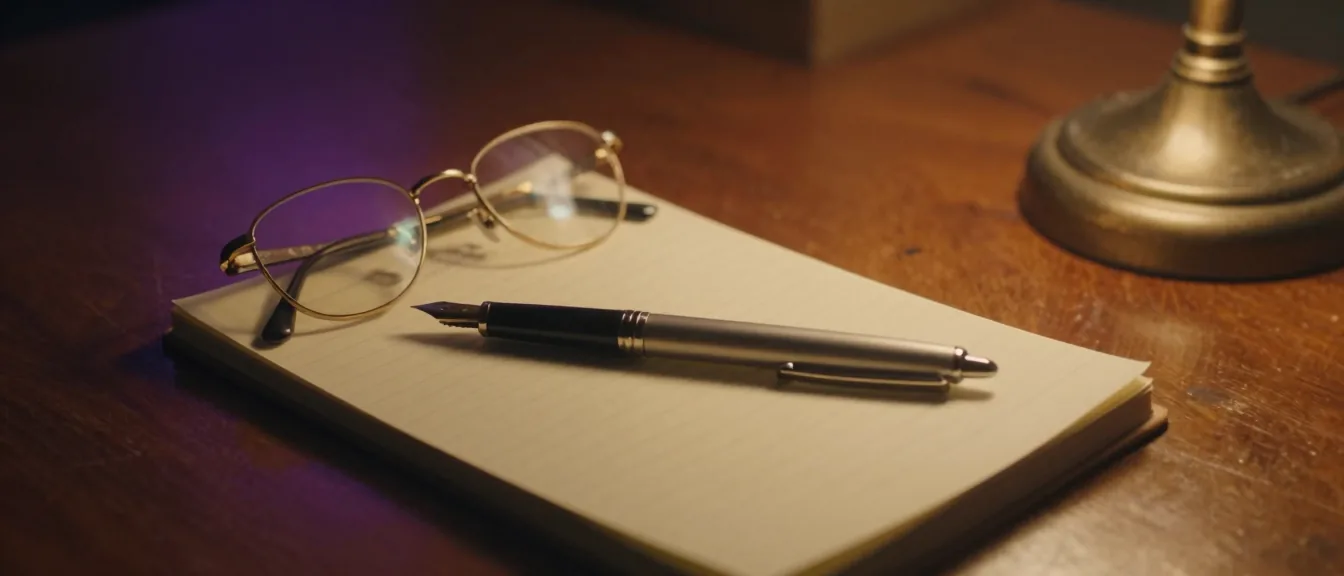 Reading glasses and a fountain pen resting on a yellow legal pad