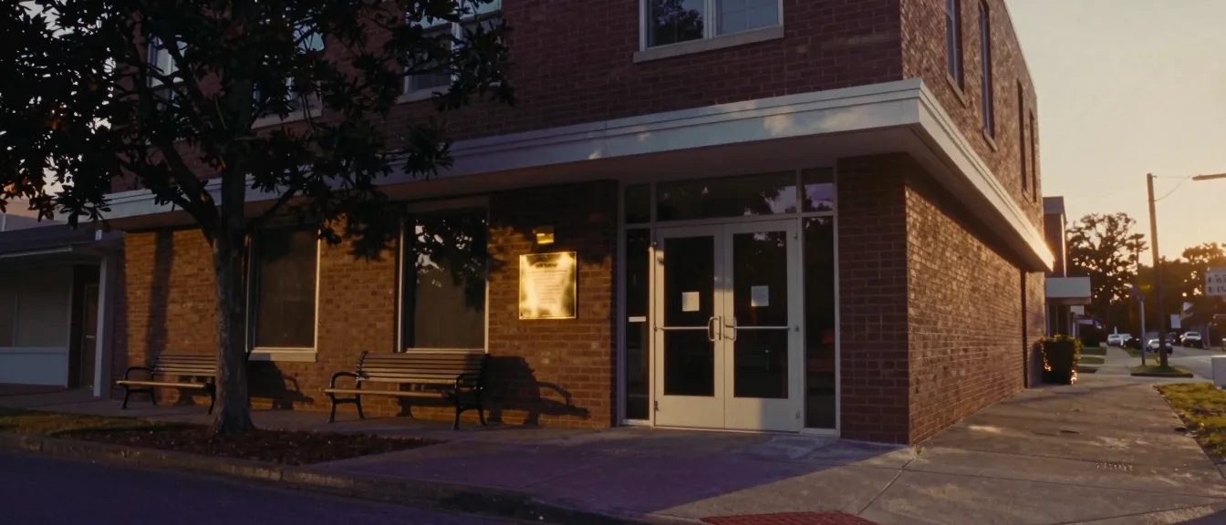 A mid-century two-story brick professional office downtown at golden hour