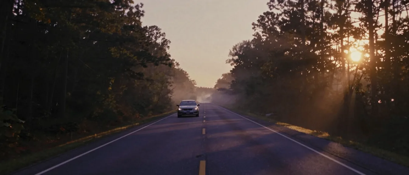 A quiet two-lane tobacco-belt highway at dawn