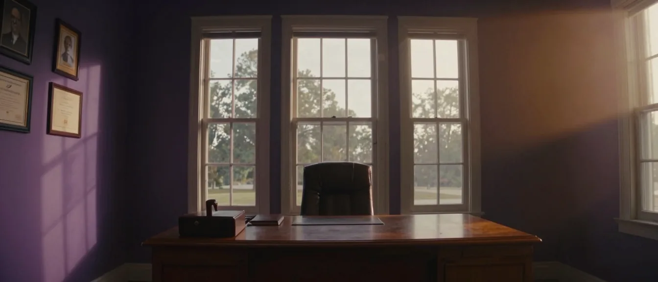 An empty estate attorney's office with noon light through tall windows