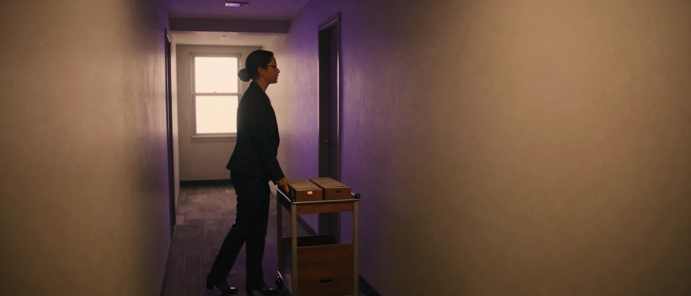 A rolling file cart in a long firm hallway