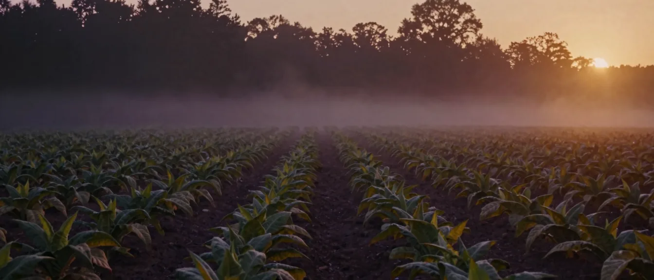 A North Carolina tobacco field under low mist at first light