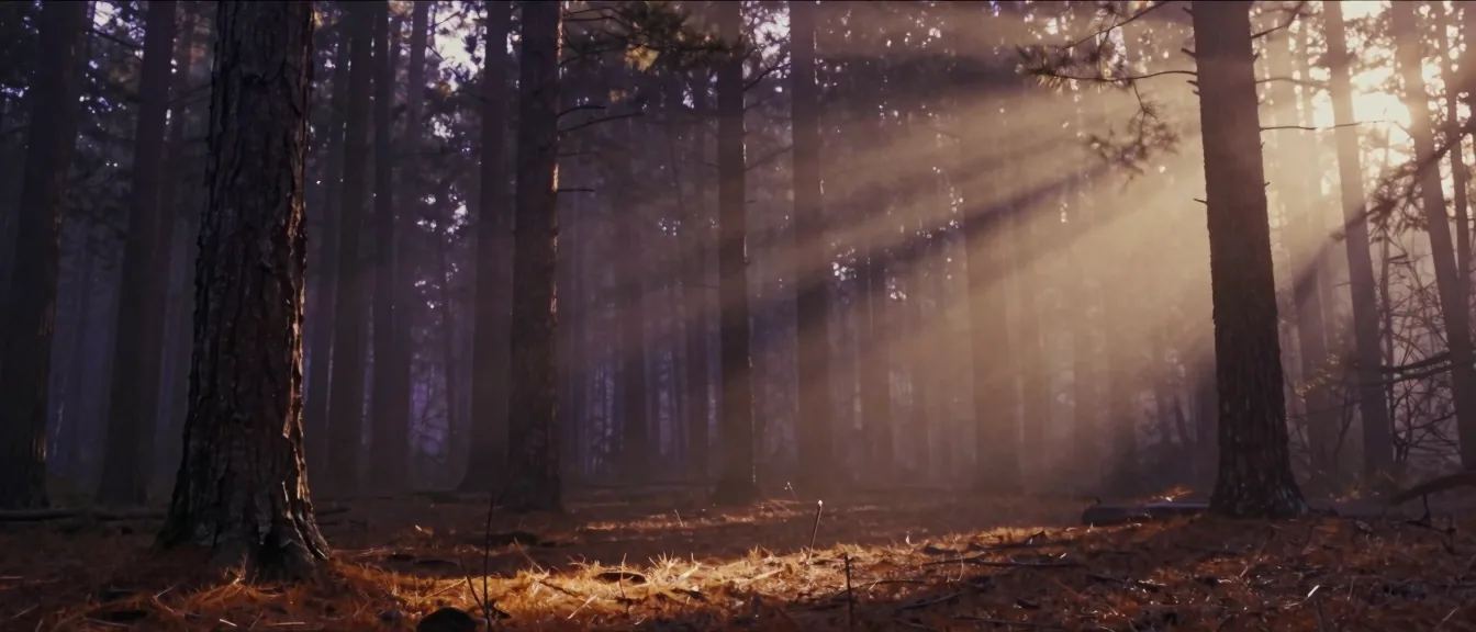 Sunlight angling down through a stand of tall North Carolina pines