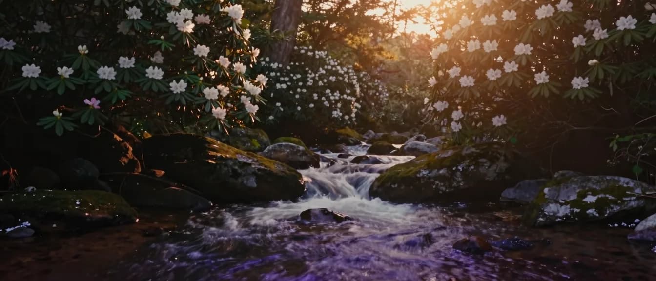 A Blue Ridge creek running over moss-covered rocks at sunrise