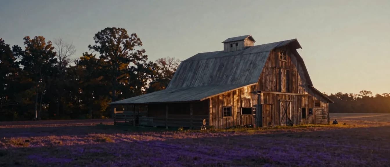 A weathered tobacco-curing barn standing alone in a field at golden hour