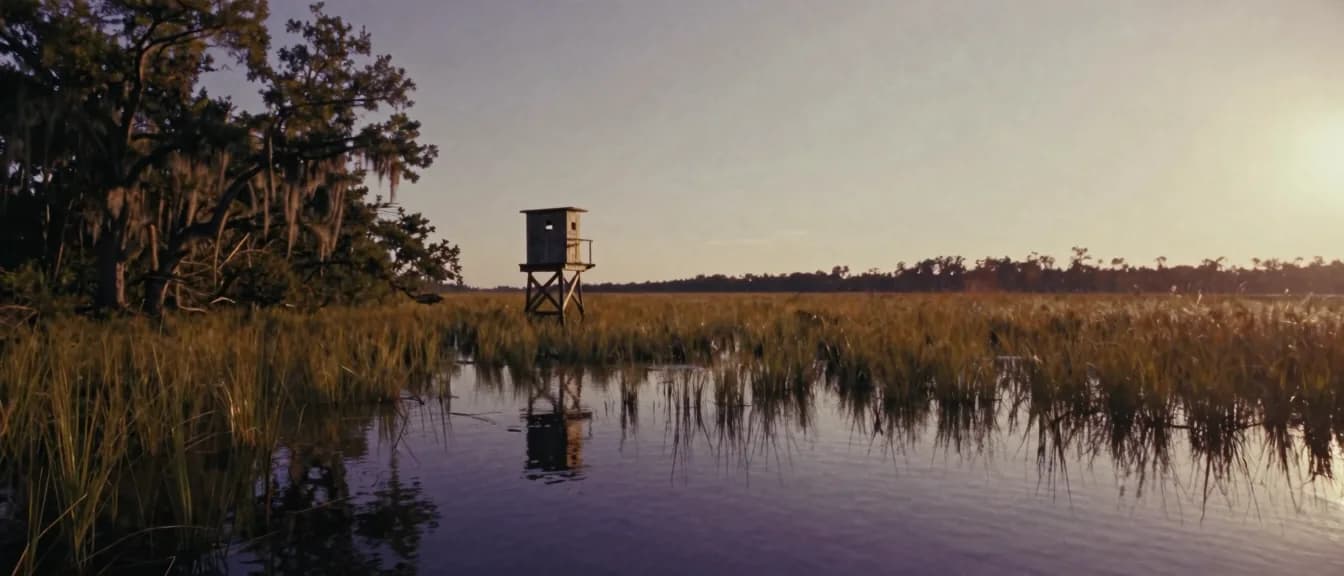 A wooden duck blind on stilts in the cordgrass of a coastal salt marsh