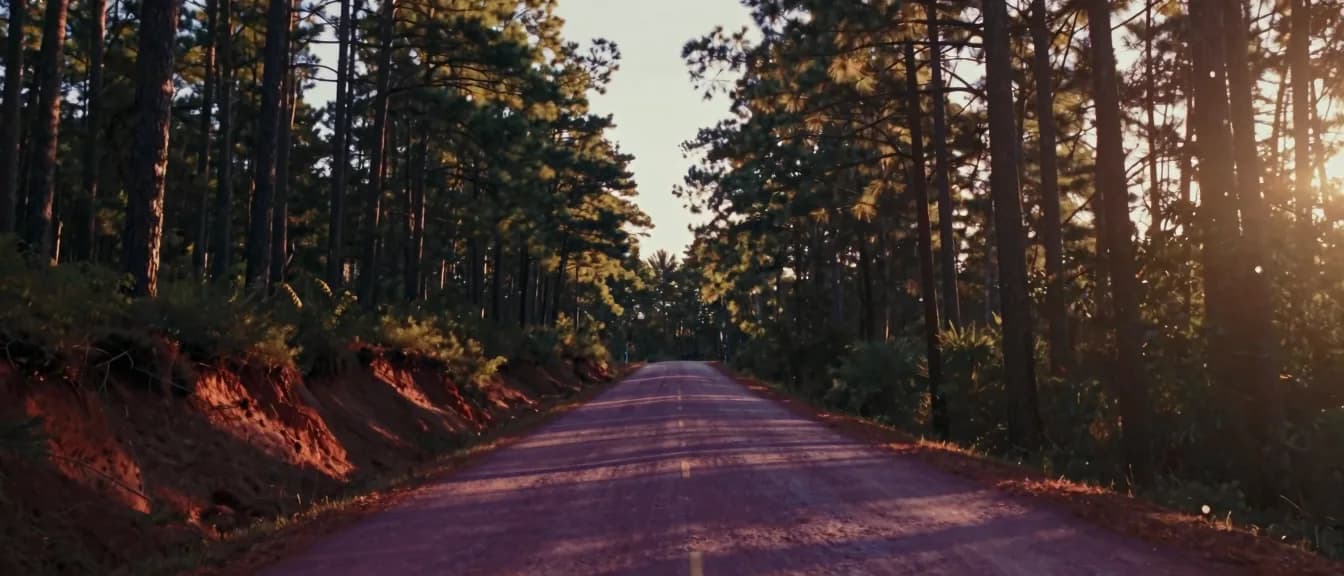 A red clay back road curving through pine forest at golden hour