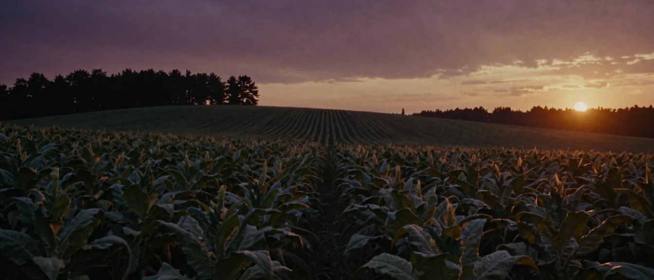 Rolling tobacco rows receding toward the horizon at twilight
