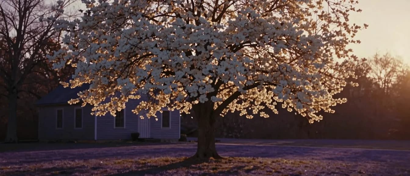 A white dogwood in full spring bloom beside a farmhouse