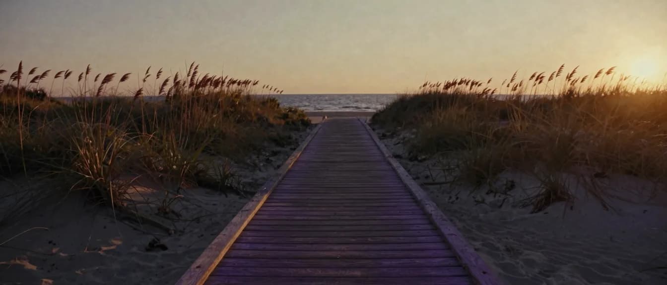 A weathered boardwalk crossing the dunes toward the ocean