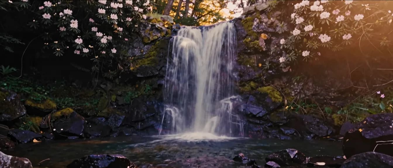A Blue Ridge waterfall falling over a face of moss-covered rock