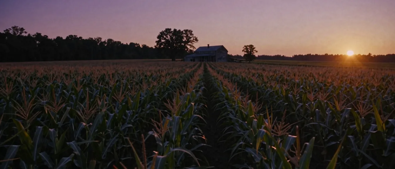 A late-summer cornfield leading to a weatherboard farmhouse at sunset