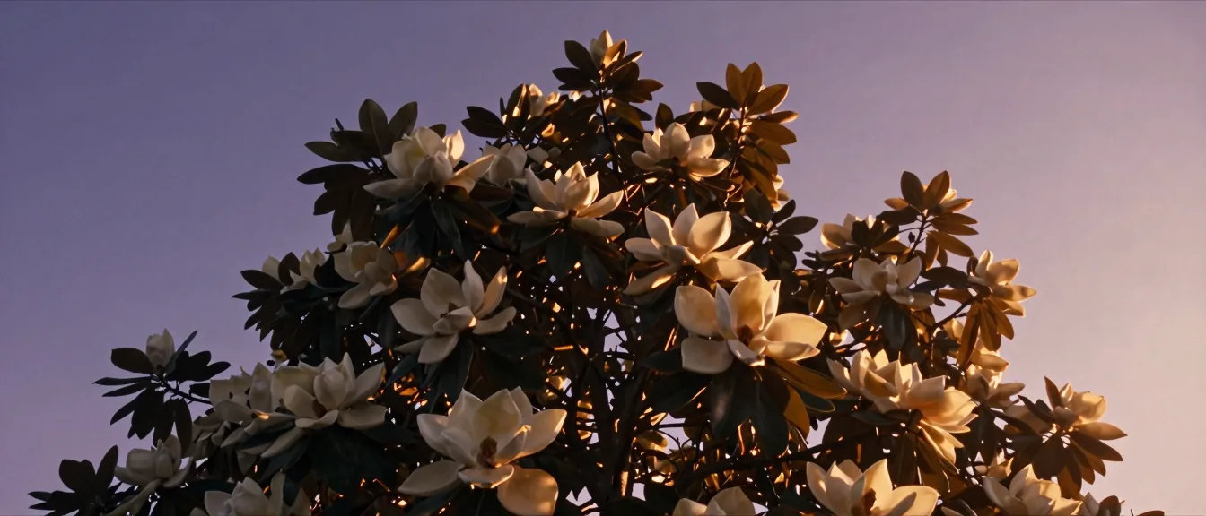 A southern magnolia in full bloom against a clear morning sky