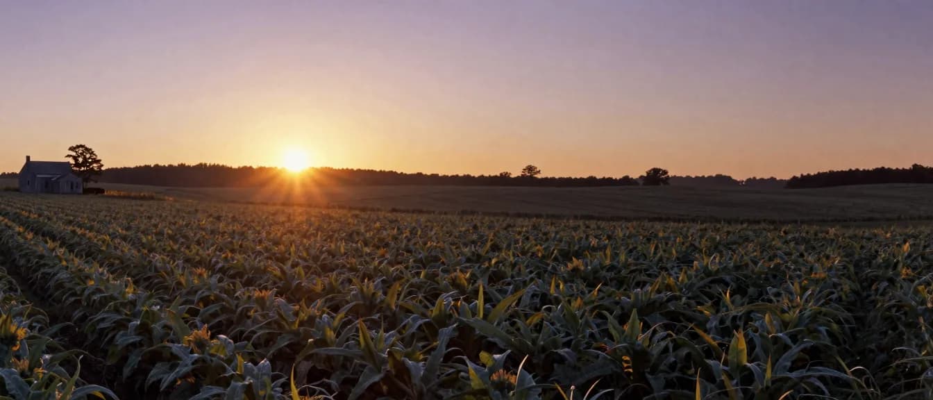 Rolling tobacco hills running out to a distant farmhouse at sunrise