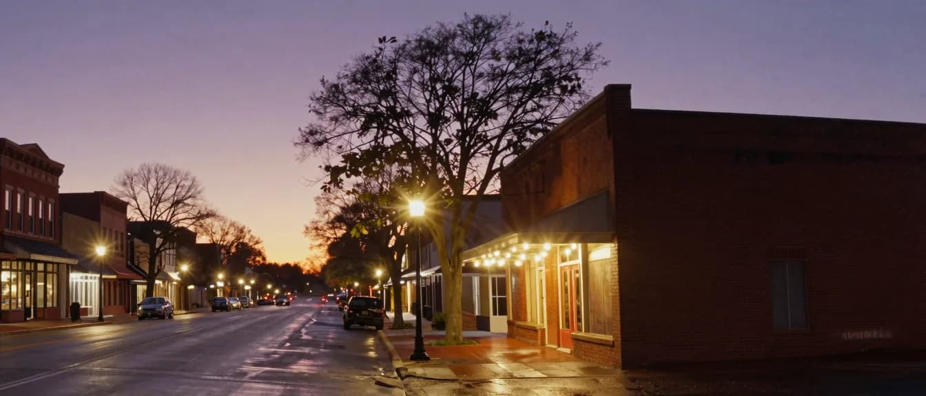 A lit small-town main street at twilight