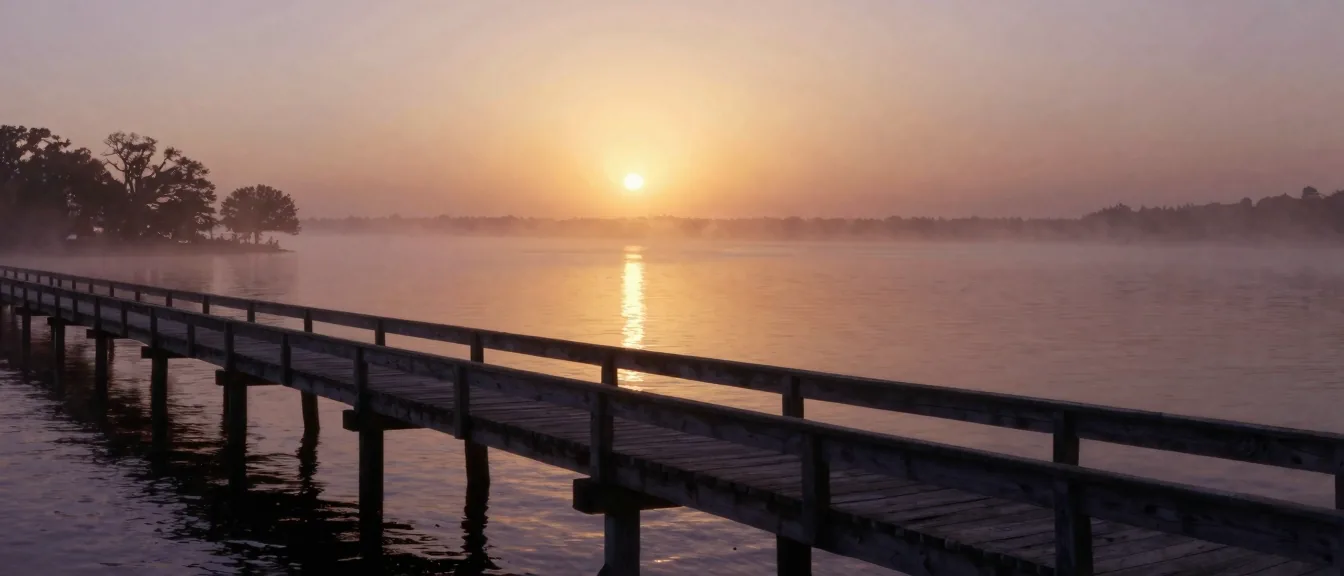 A long pier receding across still sound water at sunrise
