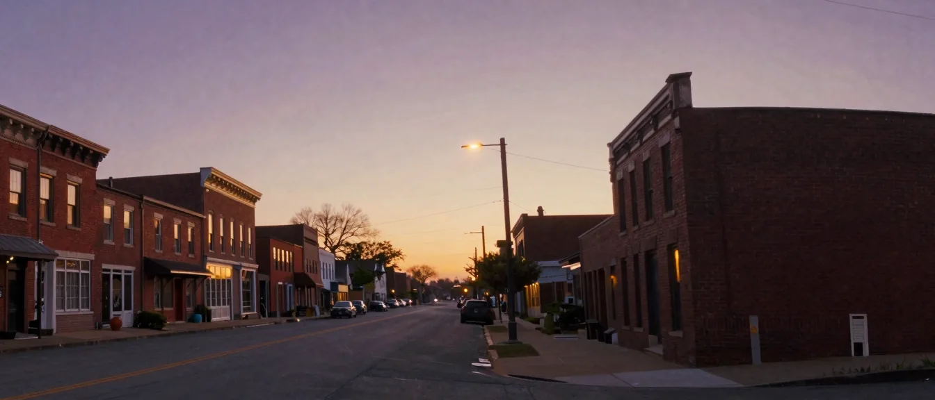 A row of brick downtown buildings at dusk