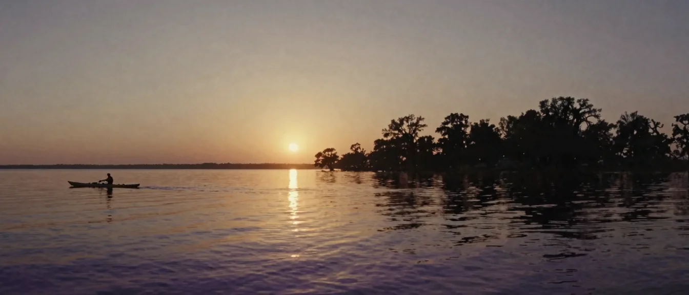 A single kayak on open sound water at sunset