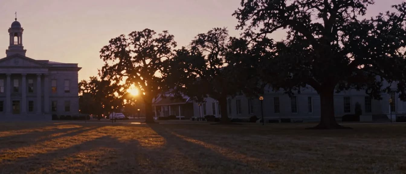 A county courthouse square under old oaks at dawn
