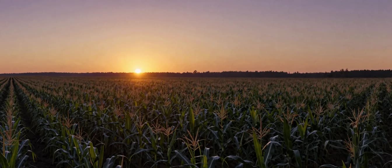 A cornfield running flat to the horizon at sunrise