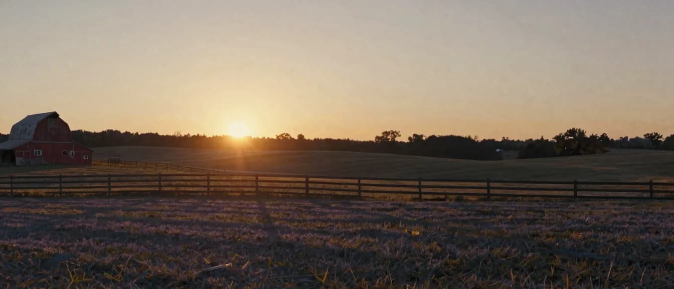 A red barn at the edge of fenced pasture at golden hour