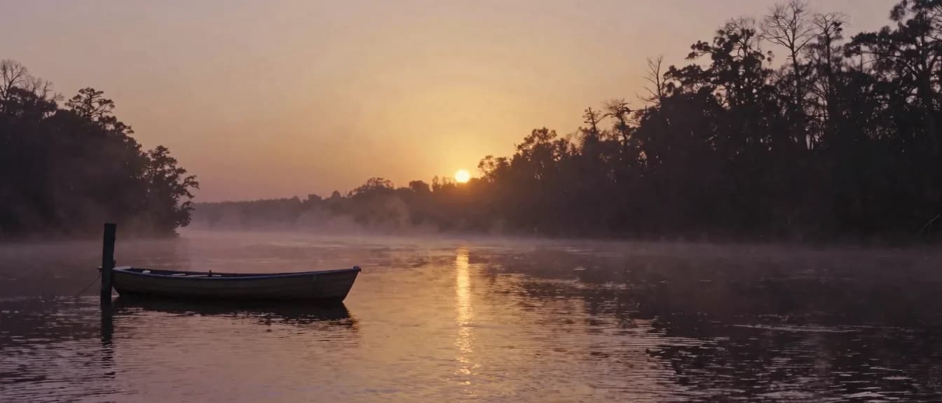 A rowboat moored at a misted riverbank at dawn