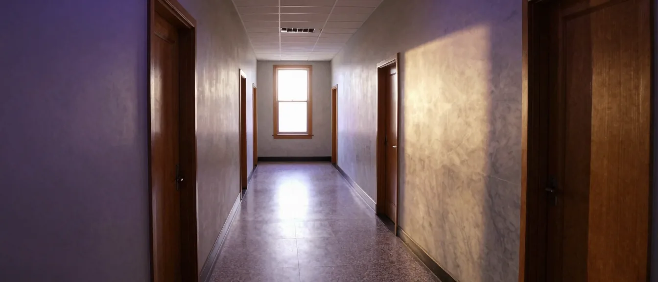 A courthouse hallway receding toward a lit window