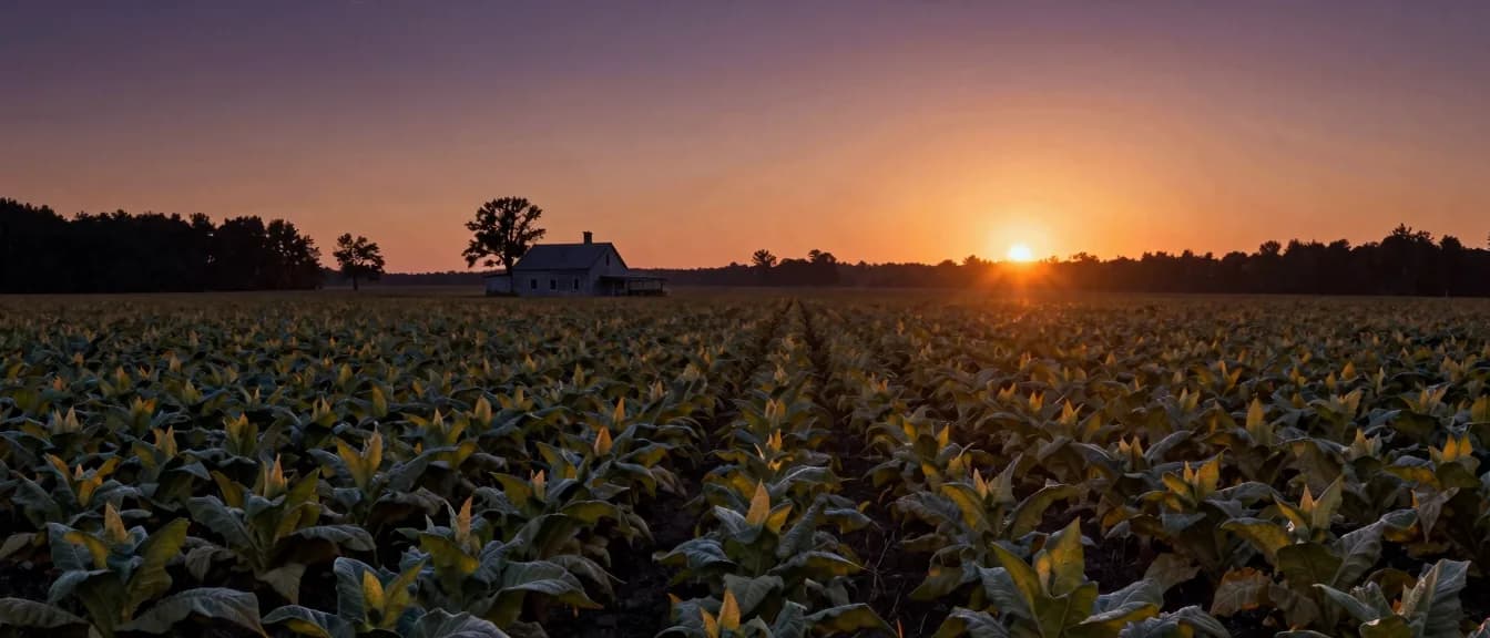 A tobacco field with a farmhouse small on the far treeline