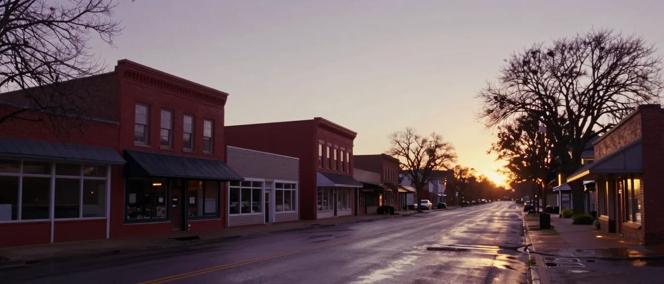 An empty main street of brick shopfronts at dawn