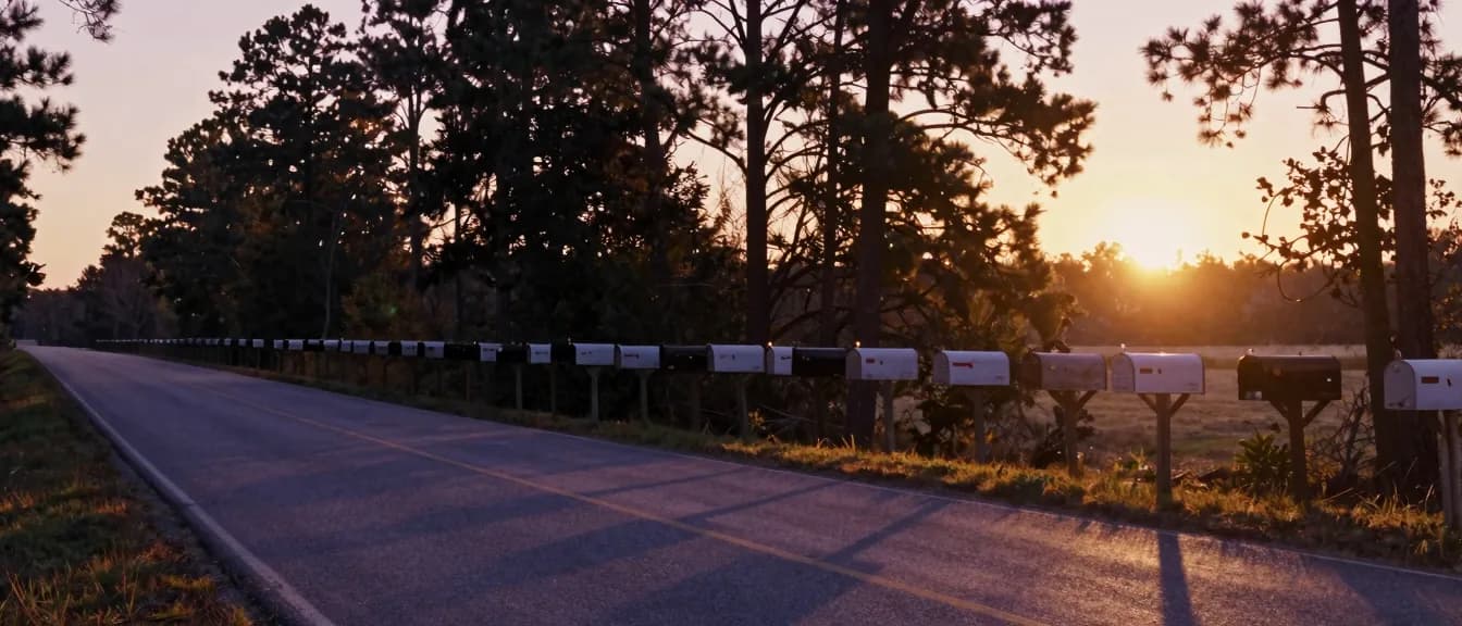 A line of rural mailboxes receding along a country road