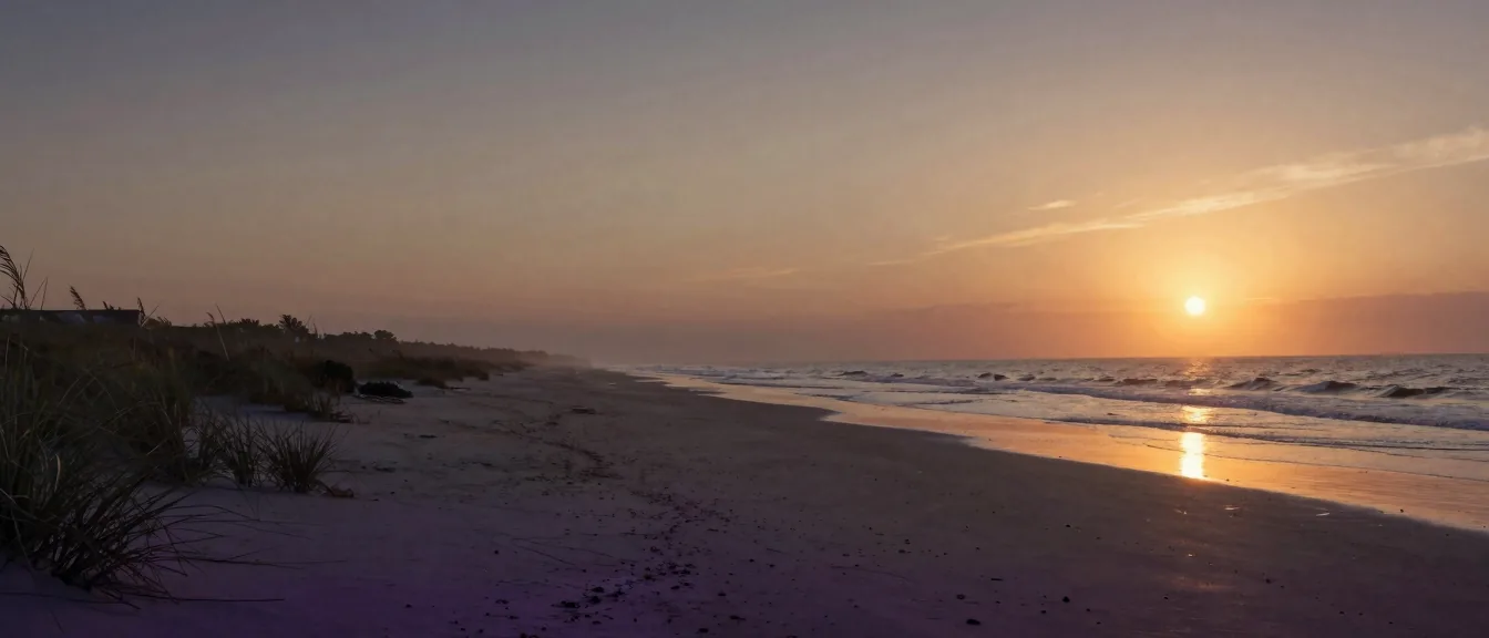 An empty beach curving away under a low sun